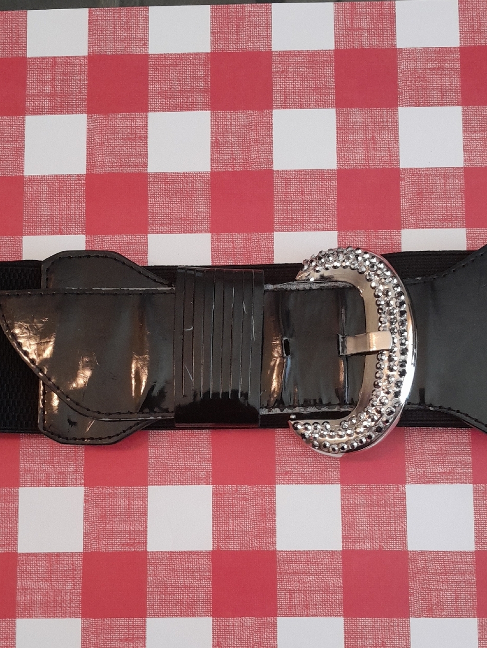 Wide Patent Black Waist Belt with Rhinestone Crescent Buckle
